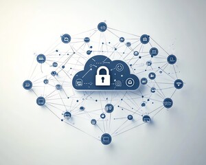 Poster - Cloud computing with secure network connections and a central lock symbol, cloud security diagram, dynamic and dramatic visual composition, modern technology with copy space