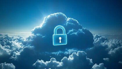 Poster - Cloud computing with secure network connections and a central lock symbol, cloud security diagram, dynamic and dramatic visual composition, modern technology with copy space