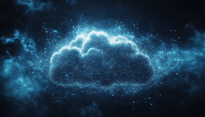 Poster - Cloud computing with secure network connections and a central lock symbol, cloud security diagram, dynamic and dramatic visual composition, modern technology with copy space