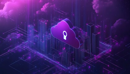 Poster - Cloud security concept diagram, showcasing secure network connections and central lock symbol, dramatic cloud computing design, dynamic tech style, space for copy text