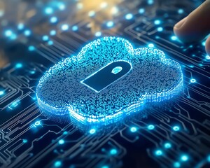 Poster - Cloud computing with secure network connections and a central lock symbol, cloud security diagram, dynamic and dramatic visual composition, modern technology with copy space