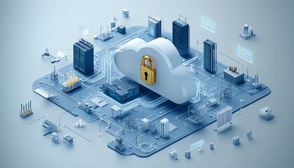 Poster - Cloud security concept diagram, showcasing secure network connections and central lock symbol, dramatic cloud computing design, dynamic tech style, space for copy text