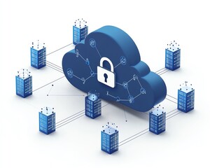 Poster - Cloud security diagram with secure network connections, central lock symbol, dynamic cloud computing design, dramatic lighting, modern technology with room for copy space