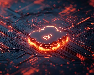 Poster - Cloud security diagram with secure network connections, central lock symbol, dynamic cloud computing design, dramatic lighting, modern technology with room for copy space