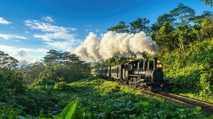 Poster - Steam Train Journey Through Lush Green Tropical Landscape