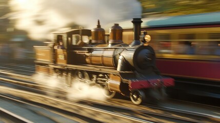 Poster - Vintage Steam Train In Motion At Historic Railway Station Scene
