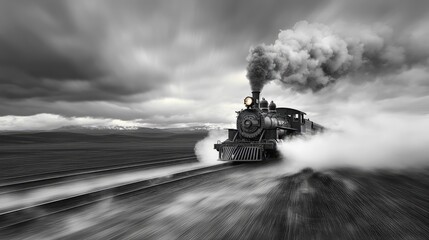 Poster - Vintage Steam Train Racing Through Foggy Landscape in Black and White