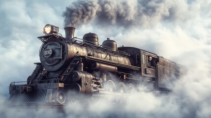 Poster - Vintage Steam Locomotive Emerging from Foggy Background