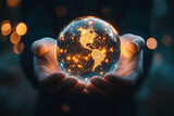 Professional hands turning a glowing transparent globe in futuristic setting