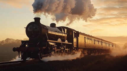 Poster - Vintage Steam Locomotive Traveling Through Countryside at Sunset