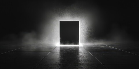 Aufkleber - Black and white photo of a dark room with a square hole in the middle