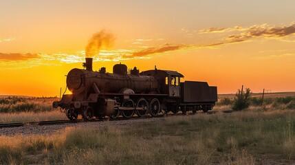Poster - Vintage Steam Locomotive Against Dramatic Sunset Landscape Scene