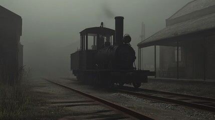 Poster - Vintage Foggy Train Scene in Abandoned Railway Station