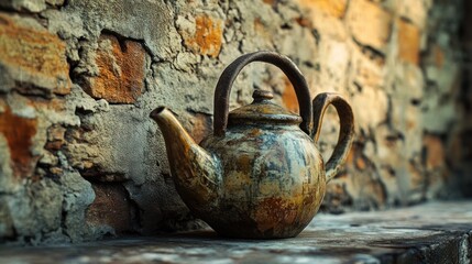 Wall Mural - Rustic Clay Teapot Against a Stone Wall