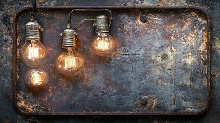 Poster - Vintage Edison Bulbs on Rustic Metal Background with Patina