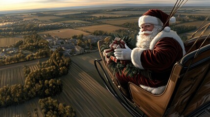 Wall Mural - Santa Claus is soaring through the sky above Smyax, delivering gifts for children from his sleigh, surrounded by clouds and hills