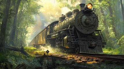 Poster - Steam Train Journey Through Lush Green Forest with Sunlight Beams
