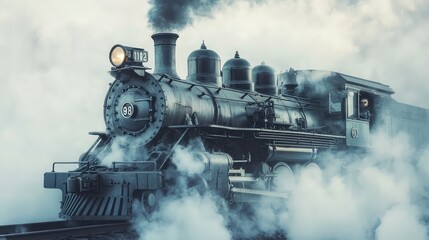 Poster - Vintage Steam Train Surrounded by Billowing White Smoke in Action