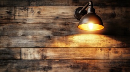 Poster - Vintage Wall Lamp Illuminating Rustic Wooden Planks