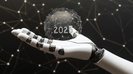 Poster - Robotic hand holding 2025 digital sphere.