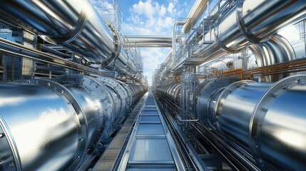 Poster - Industrial Pipe Network with Metallic Pipelines and Clear Sky