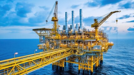 Poster - Offshore oil rig at sunset with vibrant sky and ocean backdrop