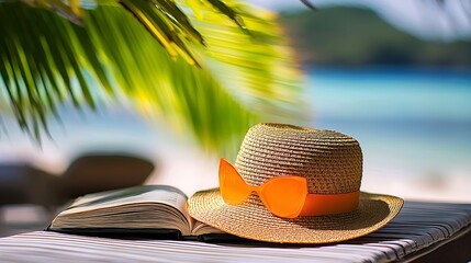 Poster - Island Paradise with Straw Hat and Book by Turquoise Ocean : Generative AI