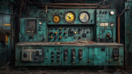 Poster - Abandoned Industrial Control Panel in Decaying Warehouse Environment