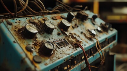 Poster - Abandoned Control Panel with Rusty Gauges and Wires in Dusty Workshop