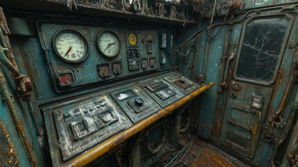 Poster - Abandoned Control Room with Old Equipment and Rusty Surfaces