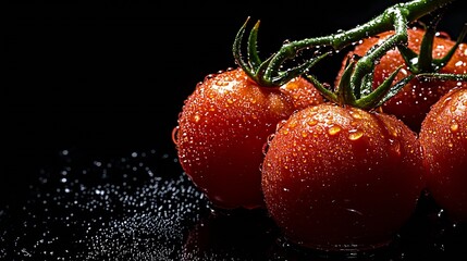 Aufkleber - Close Up of Fresh Ripe Tomatoes with Water Droplets on Black Background : Generative AI