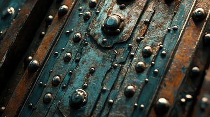 Poster - Close-Up of Rusty Metallic Texture with Rivets and Patina Glaze