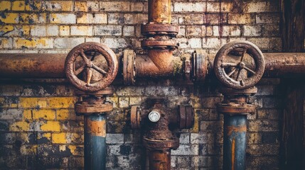 Poster - Rusty industrial pipes with valves against brick wall background
