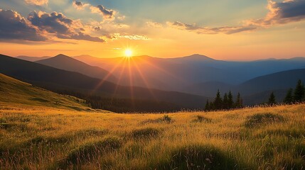 Poster - Majestic Sunset Over Mountain Peaks with Golden Fields and Sunbeams : Generative AI