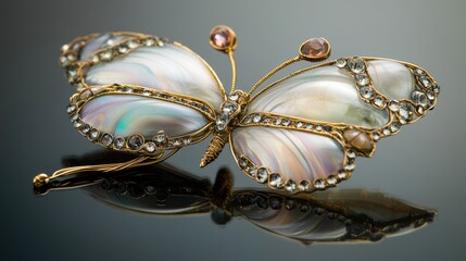 Wall Mural - Elegant Butterfly Brooch Crafted with Mother of Pearl and Gemstones