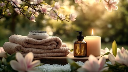 Poster - Relaxing Aromatic Spa Setup with Towels Candle and Flowers Outdoors : Generative AI