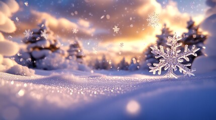 Poster - Serene Winter Landscape with Sparkling Snowflakes in a Tranquil Snowy Forest at Sunset : Generative AI