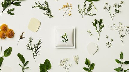 Poster - Botanical-Inspired Soap Packaging Layout with Floral and Herb Arrangements : Generative AI