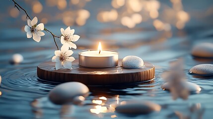 Poster - Serene spa ambiance with candlelight and floral elements on water : Generative AI