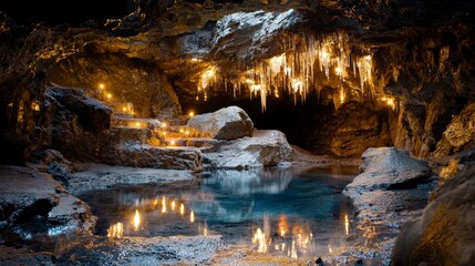 Wall Mural - Exploring a hidden crystal cave with shimmering lights nature interior mystical underground enchantment
