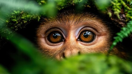 a young monkey's wide eyes peer through dense greenery, capturing the mysterious and enchanting allu