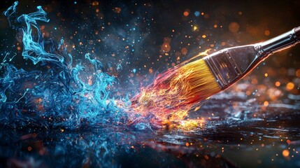Poster - Magical paintbrush creating vibrant strokes of light over water fantasy art colorful environment dynamic viewpoint