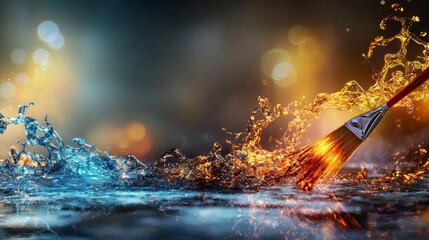 Aufkleber - A magical brush creates light strokes over water fantasy setting digital art vibrant colors close-up view