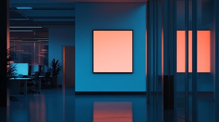 Poster - Office Hallway with Illuminated Digital Advertisement Frame in Blue Ambience : Generative AI
