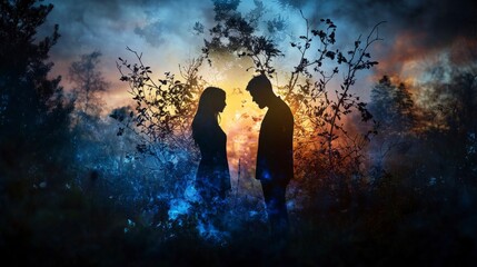 Poster - Emotional connection under sunset enchanted forest silhouette photography dreamy atmosphere close perspective love concept