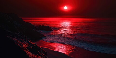 Poster - Red sun is setting over the ocean