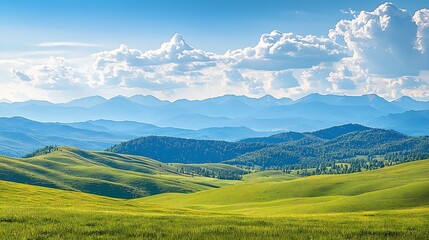 Poster - Rolling Green Hills with Majestic Mountains and Clouds Under Blue Sky View : Generative AI
