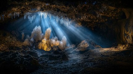 Aufkleber - Mystical cavern with luminescent crystals illuminated by rays underground nature scene dark environment enchanting concept