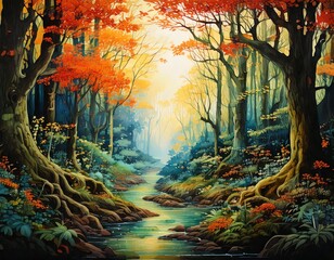 Canvas Print - fantasy beautiful forest retro vintage artwork design