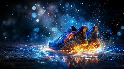 Poster - Glowing shoes trail stardust in enchanting night urban landscape fantasy photography ethereal atmosphere